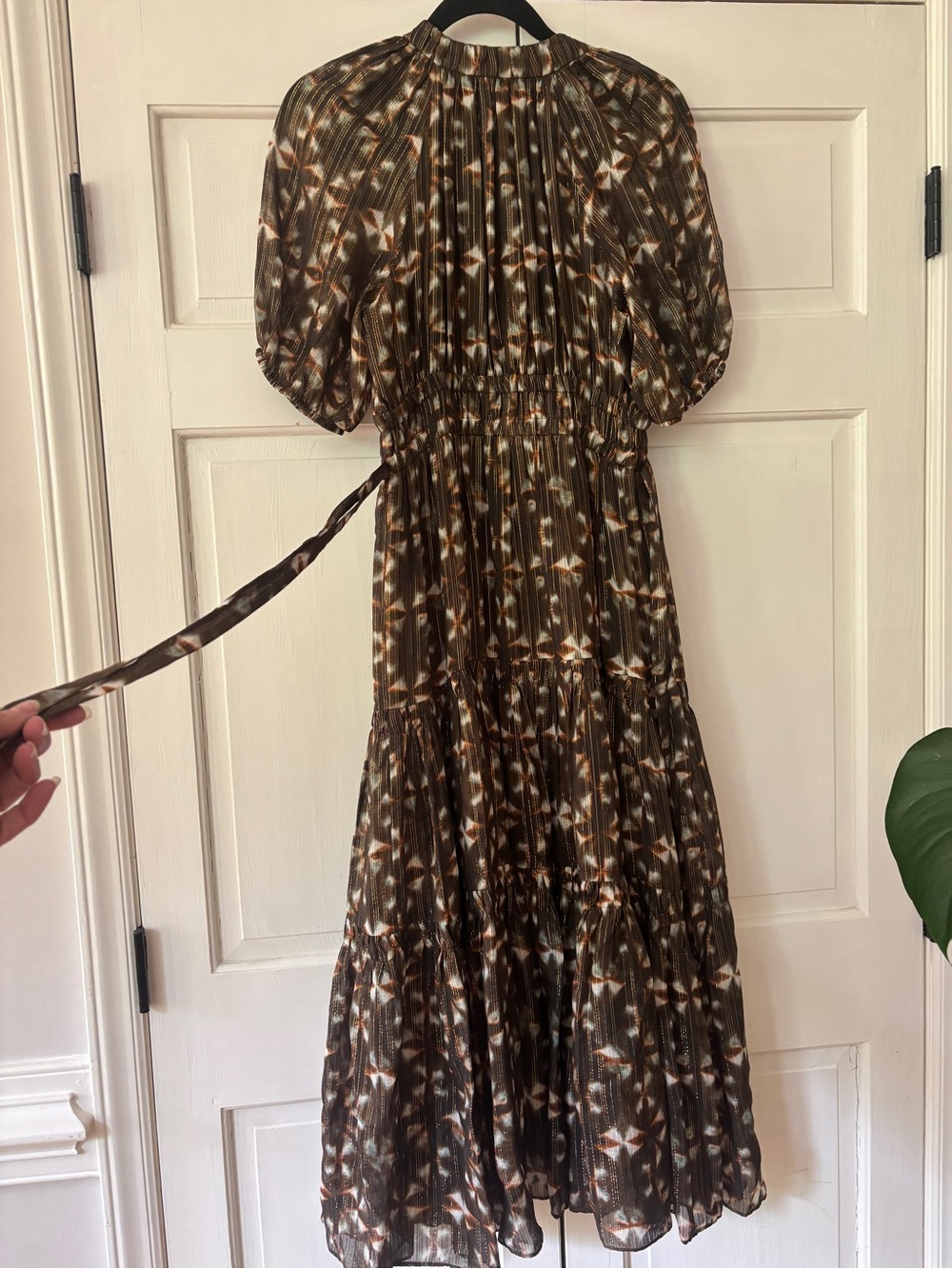 Ulla Johnson Tunis Midi Dress 100% Silk Olive Prism Metallic Puff Sleeve Size 4 - Picture 15 of 16
